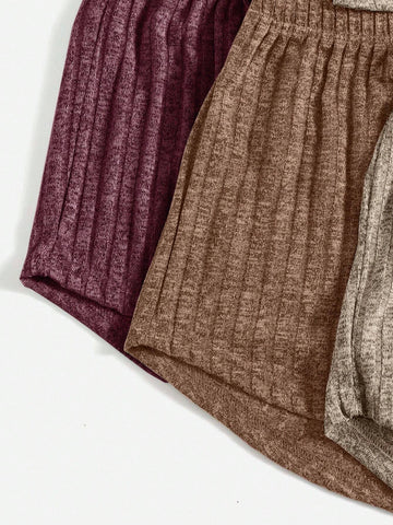 3sets Ribbed Knit Cami Top & Tie Front Shorts Lounge Set