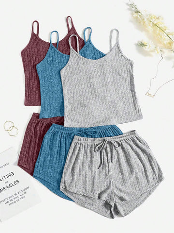 3sets Ribbed Knit Cami Top & Tie Front Shorts Lounge Set