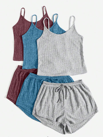 3sets Ribbed Knit Cami Top & Tie Front Shorts Lounge Set