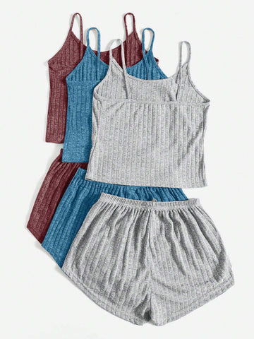 3sets Ribbed Knit Cami Top & Tie Front Shorts Lounge Set