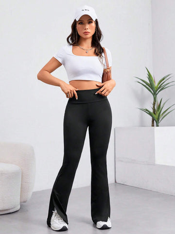 EZwear Solid Wideband Waist Split Hem Leggings