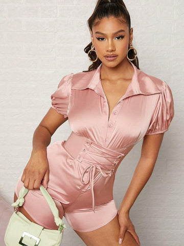 Puff Sleeve Corset Waist Satin Shirt Romper