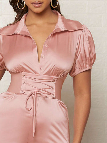 Puff Sleeve Corset Waist Satin Shirt Romper