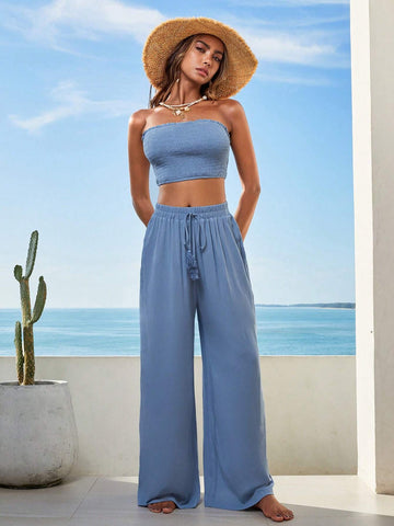 Solid Tube Top & Wide Leg Pants
