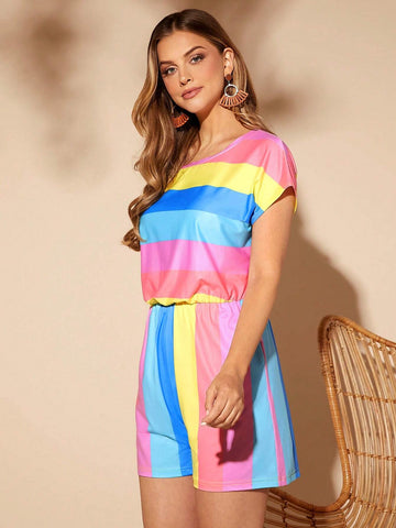 EMERY ROSE Rainbow Striped Batwing Sleeve Romper