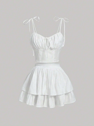 Tie Shoulder Cami Top & Two Layer Hem Skirt