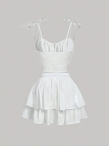 Tie Shoulder Cami Top & Two Layer Hem Skirt