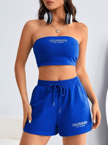 Letter Graphic Tube Top & Drawstring Waist Shorts