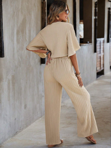 EMERY ROSE Solid Drop Shoulder Blouse & Wide Leg Pants