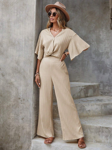 EMERY ROSE Solid Drop Shoulder Blouse & Wide Leg Pants