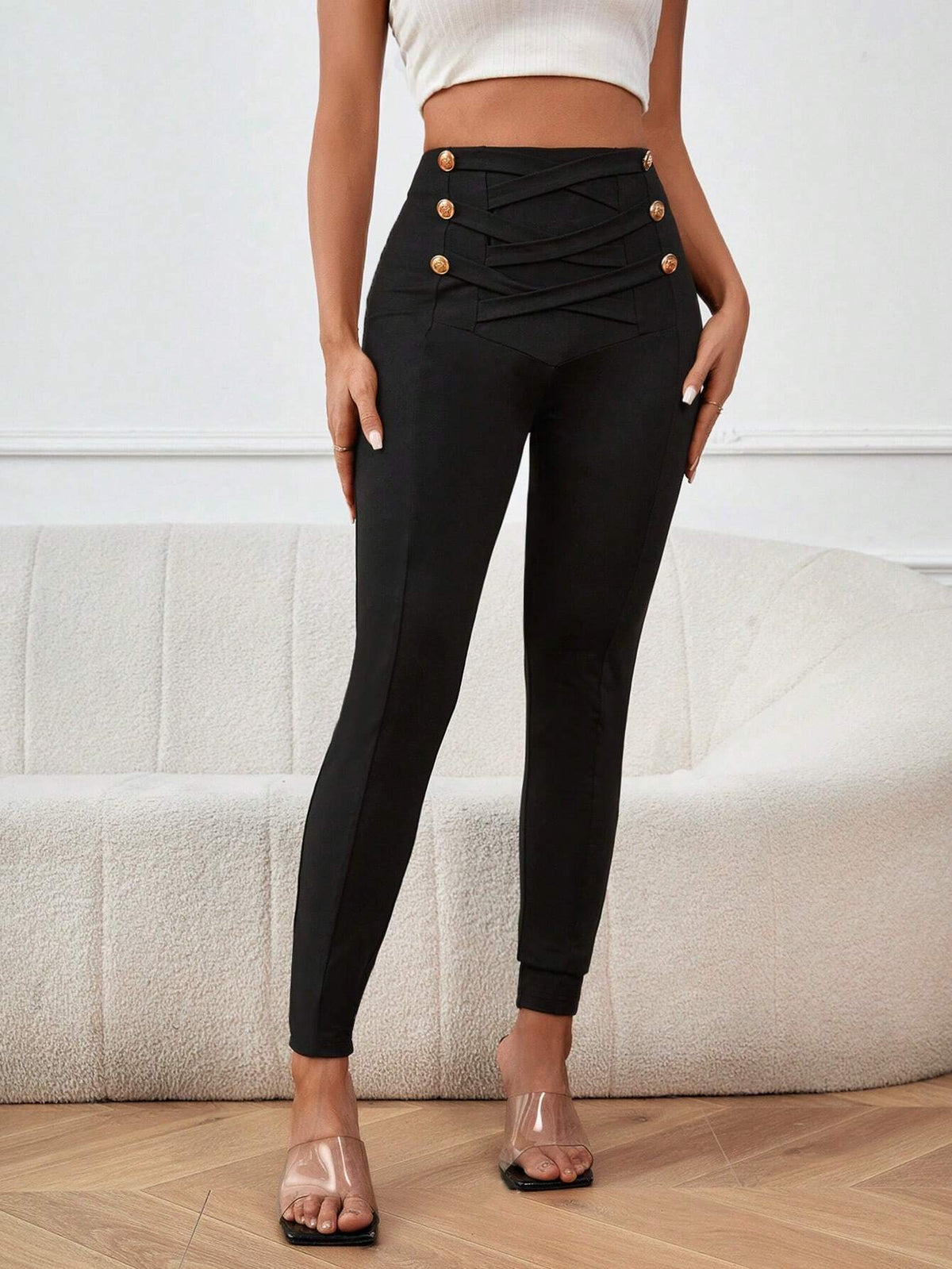 Criss Cross Button Detail Leggings
