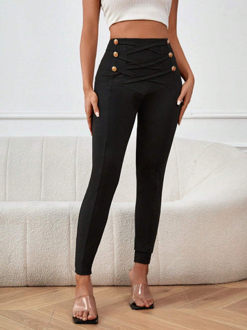 Criss Cross Button Detail Leggings