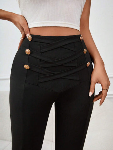 Criss Cross Button Detail Leggings