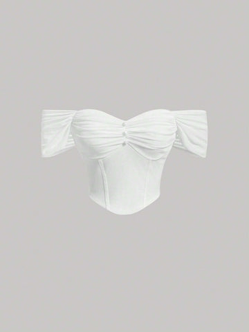 Off Shoulder Ruched Bust Button Front Blouse