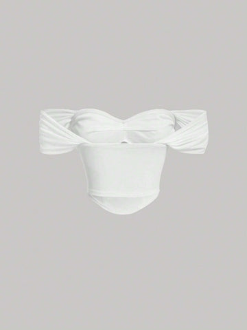 Off Shoulder Ruched Bust Button Front Blouse