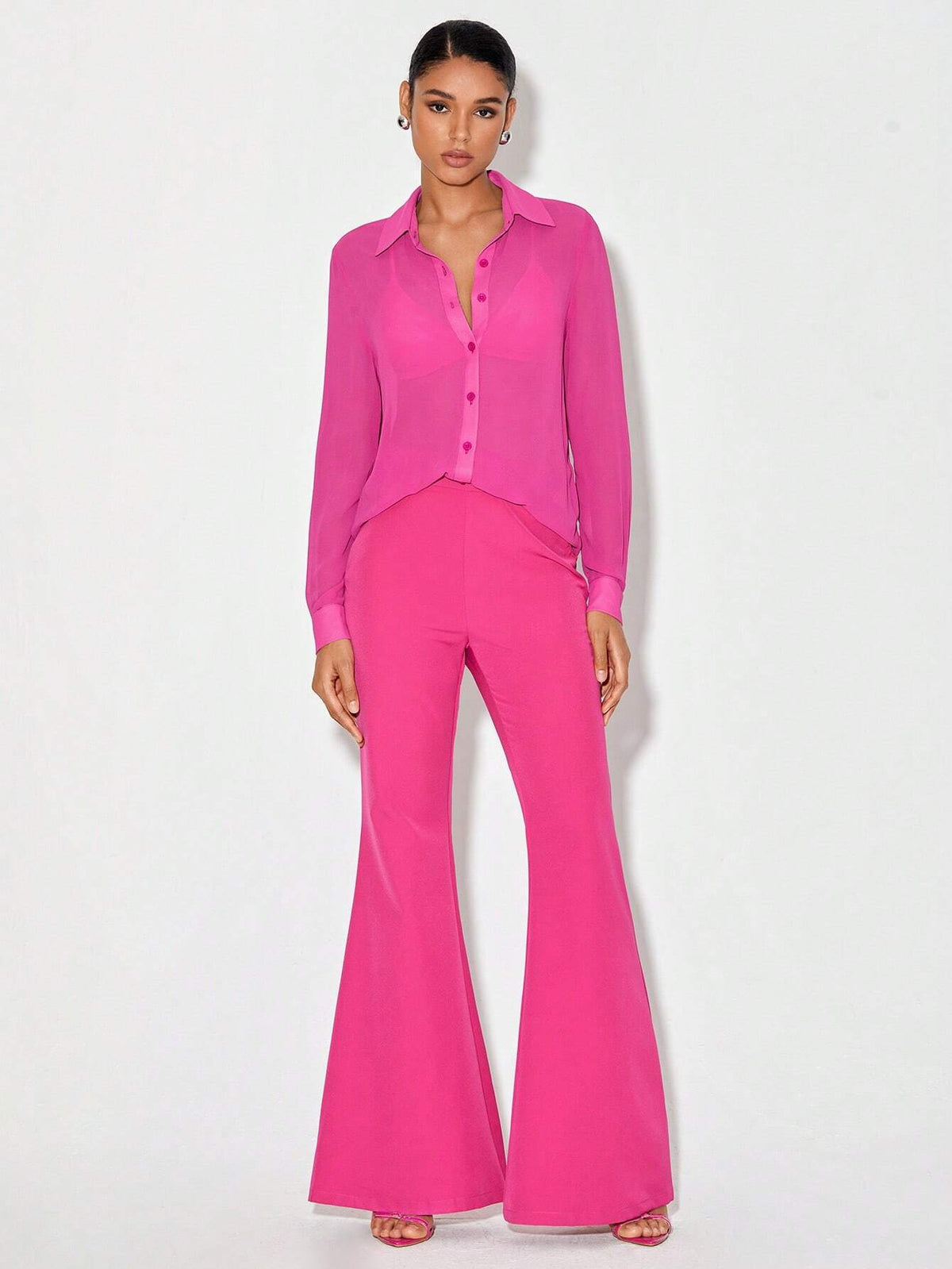 Button Front Shirt & Flare Leg Pants Without Bra