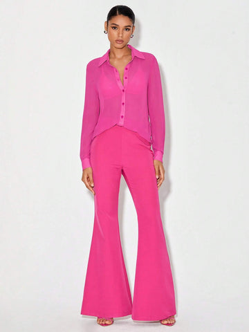 Button Front Shirt & Flare Leg Pants Without Bra