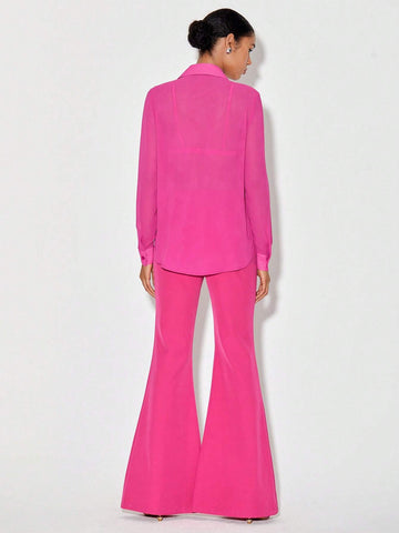 Button Front Shirt & Flare Leg Pants Without Bra