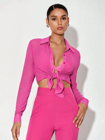 Button Front Shirt & Flare Leg Pants Without Bra