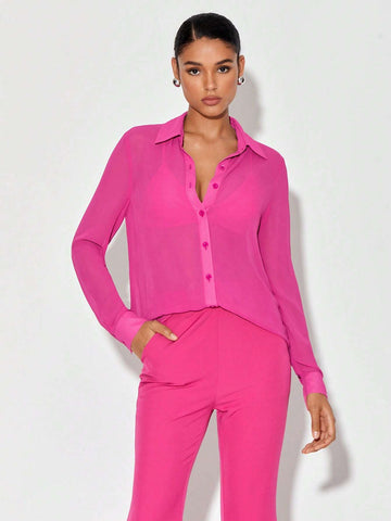 Button Front Shirt & Flare Leg Pants Without Bra