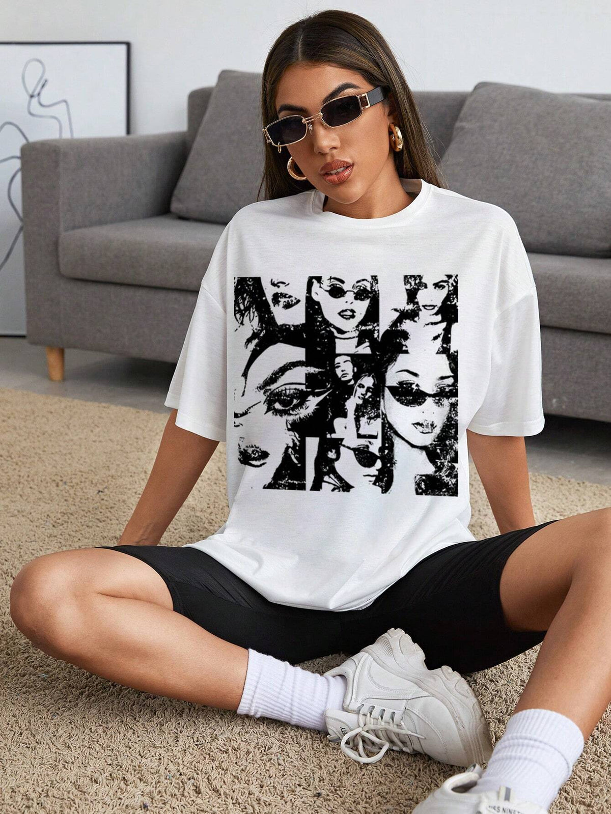 EZwear Figure Graphic Drop Shoulder Oversized Tee