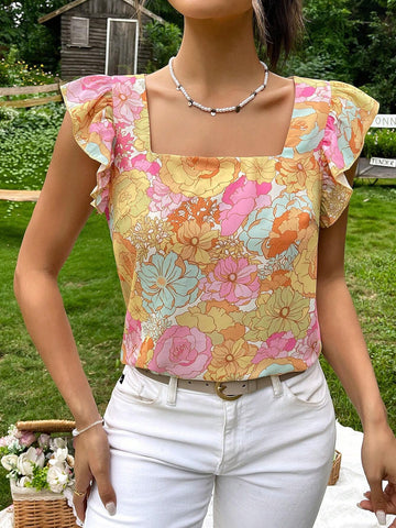 Floral Print Square Neck Ruffle Trim Blouse