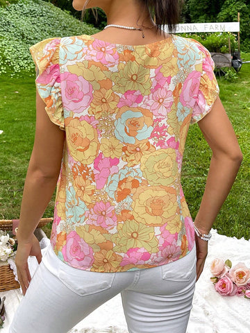 Floral Print Square Neck Ruffle Trim Blouse