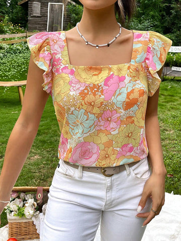 Floral Print Square Neck Ruffle Trim Blouse