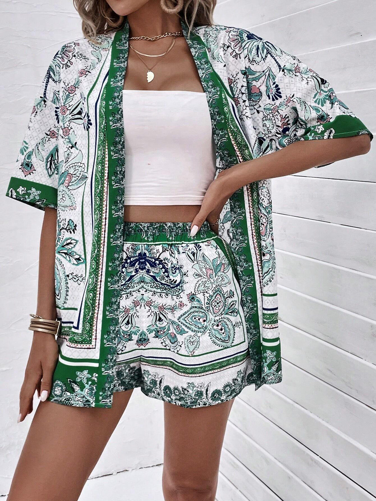EMERY ROSE Allover Print Kimono & Shorts