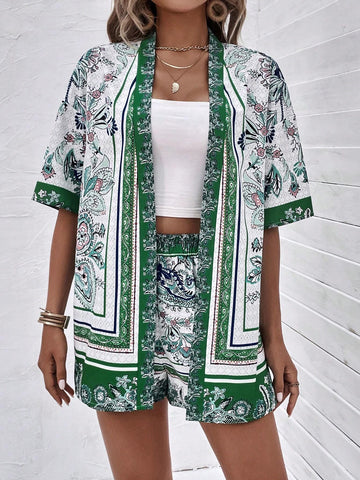 EMERY ROSE Allover Print Kimono & Shorts