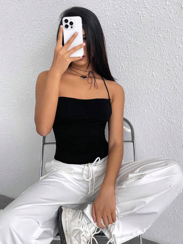 Crisscross Tie Backless Cami Bodysuit