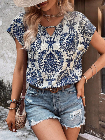 Allover Print Cut Out Batwing Sleeve Blouse