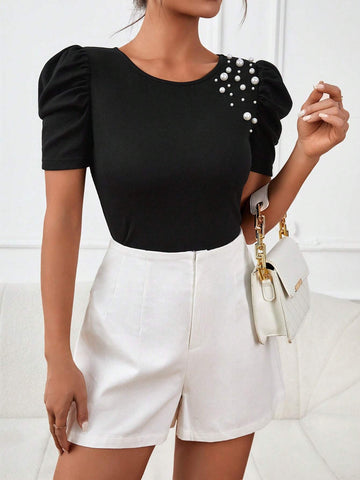 Pearls Beaded Puff Sleeve Tee