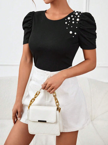 Pearls Beaded Puff Sleeve Tee