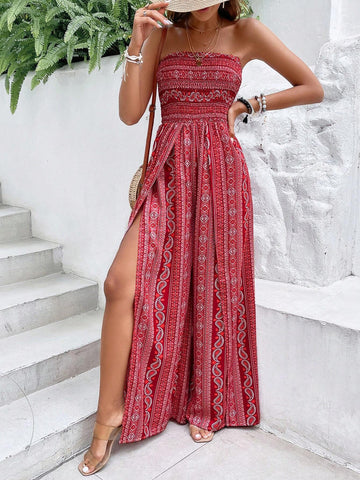 Paisley Print Split Thigh Tube Jumpsuit