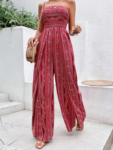 Paisley Print Split Thigh Tube Jumpsuit