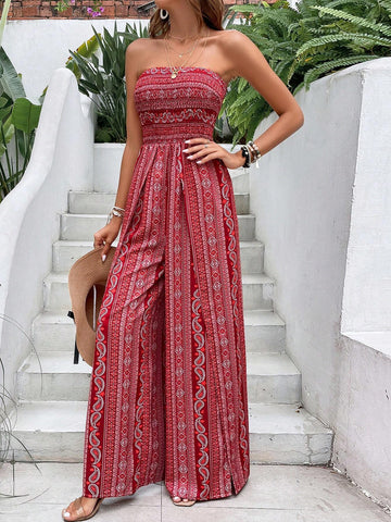 Paisley Print Split Thigh Tube Jumpsuit