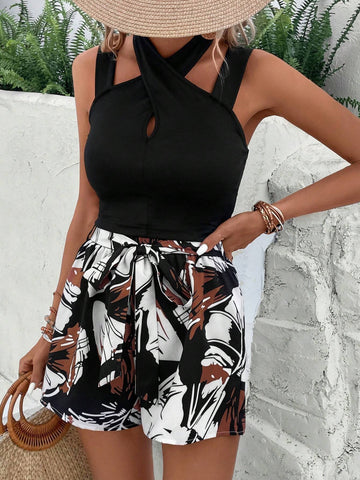 EMERY ROSE Criss Cross Solid Top & Tropical Print Belted Shorts