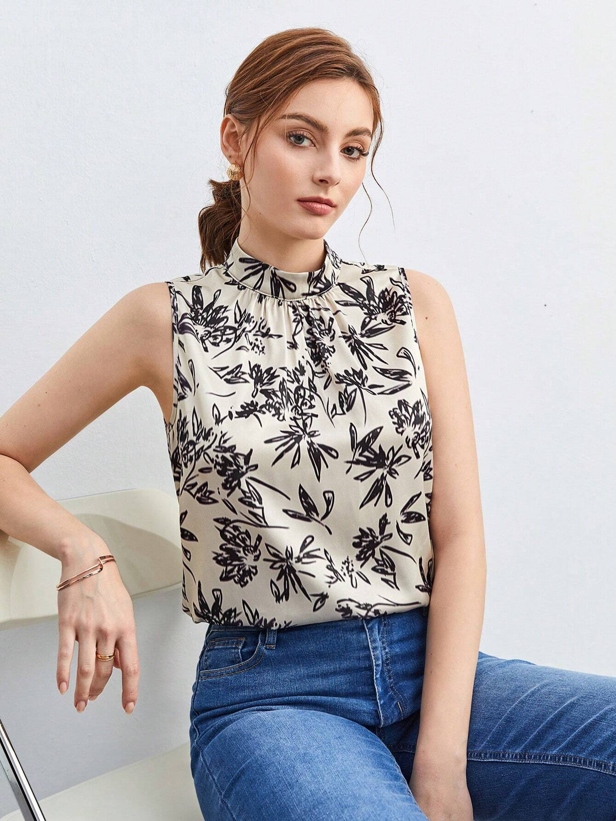 Floral Print Mock Neck Blouse