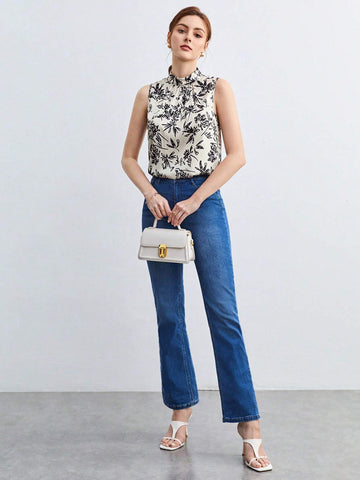Floral Print Mock Neck Blouse