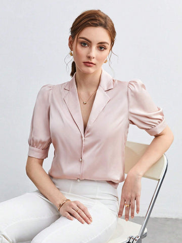 Lapel Collar Puff Sleeve Button Front Shirt