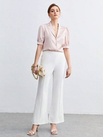 Lapel Collar Puff Sleeve Button Front Shirt