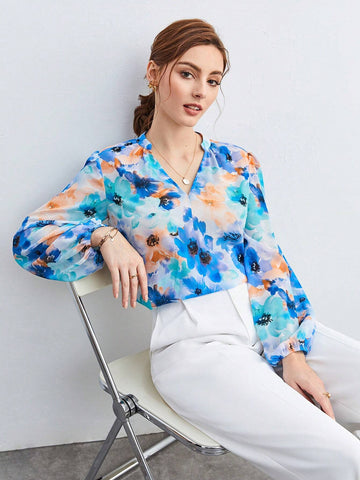 Floral Print Lantern Sleeve Blouse