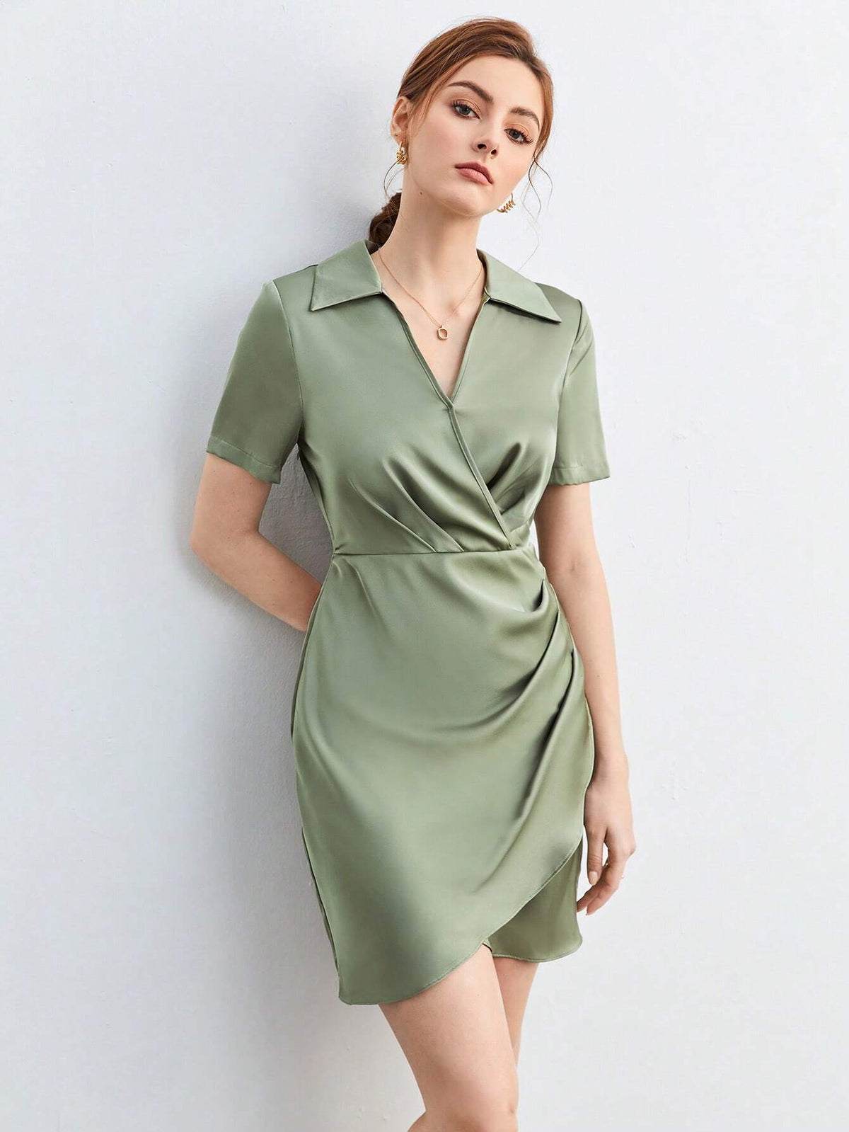 Solid Ruched Side Wrap Hem Dress