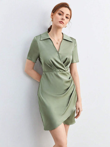 Solid Ruched Side Wrap Hem Dress