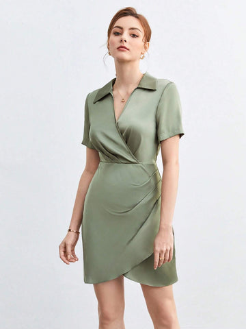 Solid Ruched Side Wrap Hem Dress