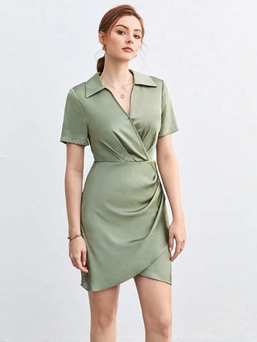 Solid Ruched Side Wrap Hem Dress