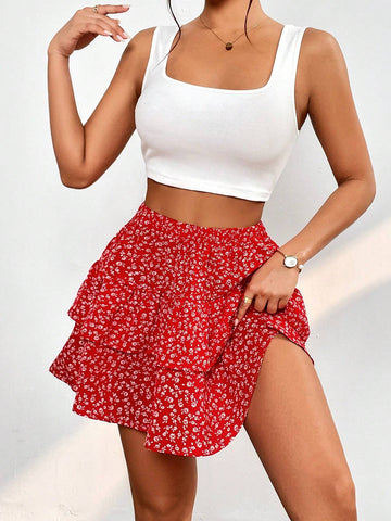 Solid Tank Top & Ditsy Floral Print Two Layer Hem Skirt