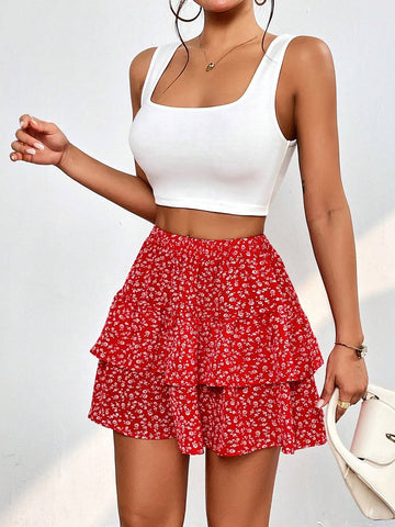 Solid Tank Top & Ditsy Floral Print Two Layer Hem Skirt