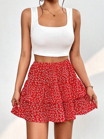 Solid Tank Top & Ditsy Floral Print Two Layer Hem Skirt